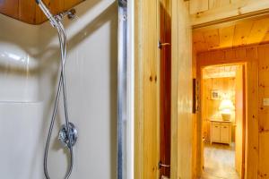 a bathroom with a shower in a room at Cozy Thompson Lake Cabin with Boat Dock and Launch 