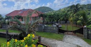 a house with a fence and palm trees at Airport Heights Apartment 