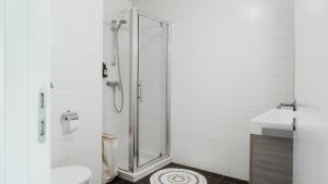 een badkamer met een douche en een wastafel bij Studio Saint-Martin in Tournai
