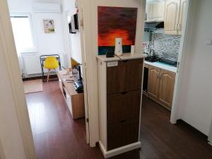 a kitchen with a sink and a counter top at Munteniei - The Sunset Studio in Hunedoara