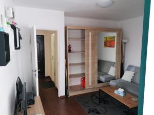 a living room with a couch and a mirror at Munteniei - The Sunset Studio in Hunedoara