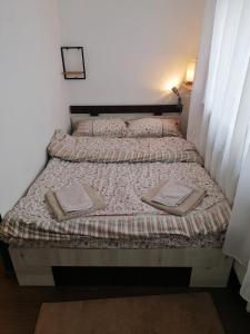 a bed in a room with two pillows on it at Munteniei - The Sunset Studio in Hunedoara