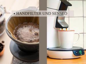 a coffee maker is making a cup of coffee at Krabbe Nordsee Apartment 2, ideal für Paare, kostenfreier Parkplatz, 2 Hunde willkommen, am Elbe-Weser-Radweg mit Unterstellmöglichkeit für Rad und E-Bike, gute Zuganbindung, zentral gelegen in Wremen