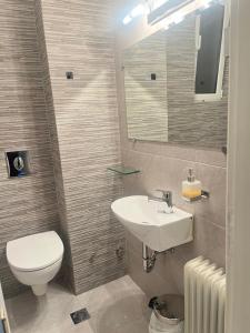 Un baño con lavabo, inodoro y espejo. en Sm Athens, en Atenas 15 fotos más