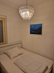 1 dormitorio con cama y lámpara de araña en Casa Montana, en Tremosine Sul Garda