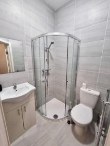 a bathroom with a shower and a toilet and a sink at Three bed Ensuites in Edgware in Edgware