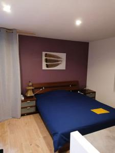 a bedroom with a blue bed and a purple wall at Appartement ZEN ET COSY in Estrablin