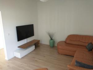 sala de estar con sofá y TV de pantalla plana en Ferienwohnung Wiebe, en Minden