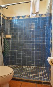 W łazience znajduje się prysznic wyłożony niebieskimi kafelkami oraz toaleta. w obiekcie Casa Tlaquepaque w mieście Guadalajara
