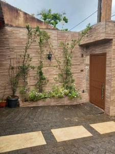 a brick wall with a door and some plants at Casa de praia com piscina e área gourmet in Peruíbe