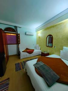 Cette chambre comprend 2 lits et un miroir. dans l'établissement Gina Motel Dahab, à Dahab