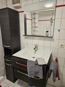 a bathroom with a sink and a mirror at Einfaches ruhiges Apartment in Laichingen