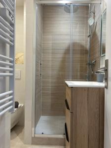 La salle de bains est pourvue d'une douche et d'un lavabo. dans l'établissement Grande maison de pêcheur - centre de Trouville, à Trouville-sur-Mer