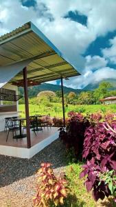 a pavilion with a table and chairs in a field at Flora Glamping de Abuela in Fortuna