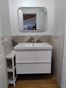 a bathroom with a white sink and a mirror at Boutique Apartments Cecilia in Trieste