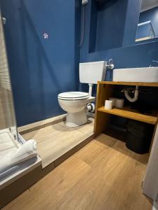 a bathroom with a toilet and a blue wall at Il Tasso Rooms & Apartments in Trieste