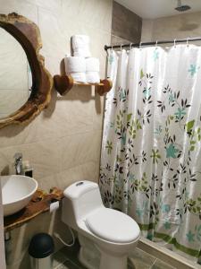y baño con aseo y cortina de ducha. en Hospedaje Vista Hermosa Salento, en Salento