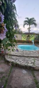 una piscina in un giardino con una palma di Chácara Fênix a São Cristóvão