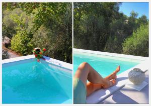 two pictures of a woman sitting next to a swimming pool at Villa Arilia in Agnítsini