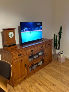 a tv sitting on top of a wooden entertainment center at Stadtoase in Lichtenstein-Callnberg