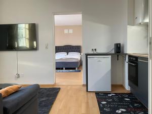 ein Wohnzimmer mit einem Sofa und eine Küche mit einem Bett in der Unterkunft Deluxe dream home in Linz