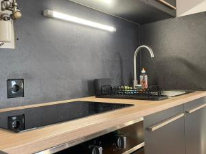 eine Küche mit einer Spüle und einer Arbeitsplatte in der Unterkunft Deluxe dream home in Linz
