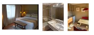2 fotos de una habitación de hotel con cama y baño en Los Ponchos Hotel en El Calafate