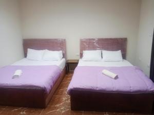 2 Betten in einem Zimmer mit lila Bettwäsche in der Unterkunft Golden pyramids view in Kairo
