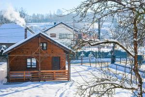 une cabane en rondins avec de la neige au sol dans l'établissement Căsuța Adelina, à Borşa