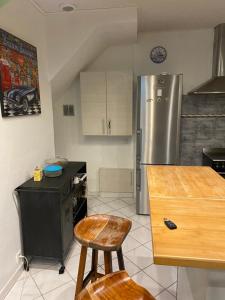 een keuken met een roestvrijstalen koelkast en een aanrecht bij Maison avec piscine in Saint-Pierre-de-Boeuf
