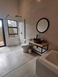 a bathroom with a sink and a toilet and a mirror at Corkwood Villa in Hoedspruit