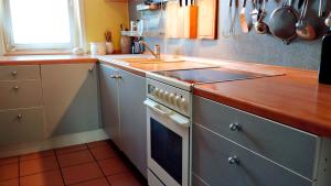 a kitchen with a stove and a sink at zwei Einzelbetten mit Gemeinschaftbad in Schömberg