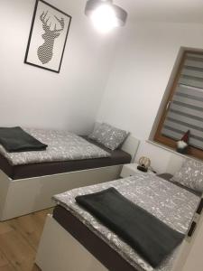 a room with two beds and a window at Apartamenty Black&White Lubawka - Domek z ruską banią i sauną in Lubawka