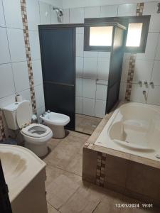 a bathroom with a toilet and a tub and a sink at Cabaña del rio Paraná in Puerto Iguazú