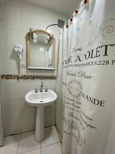 baño con lavabo y cortina de ducha en Mono Experience in SMDT- near CASA HISTORICA en San Miguel de Tucumán