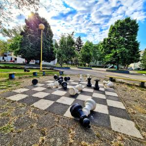 ein Schachbrett auf dem Boden in einem Park in der Unterkunft Queen-Stan na Dan Koprivnica in Koprivnica