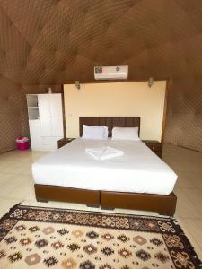 a bedroom with a large bed and a rug at Wadi Rum stargazing camp in Wadi Rum