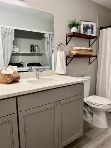 a bathroom with a sink and a toilet and a mirror at Modern 2 bedroom house w/backyard @La Cantera in San Antonio