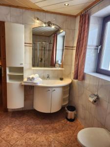 een badkamer met een wastafel en een spiegel bij Pension Wötzinghof in Kirchberg in Tirol
