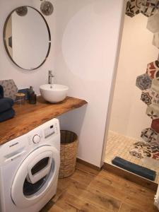 a bathroom with a washing machine and a sink at cottage du Fort Ambleteuse in Ambleteuse