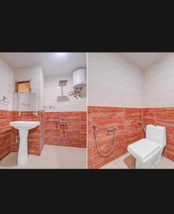 twee foto's van een badkamer met toilet en wastafel bij Hotel SS PALACE in Lucknow