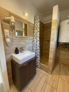 a bathroom with a sink and a shower at Smeraldo Home Fsz in Siófok