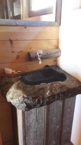 a bathroom with a stone sink on a wooden counter at Almhütte am Wirpitschsee in Weisspriach