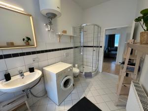 a bathroom with a shower toilet and a sink at Ferienwohnung für 8 mit Balkon in Erfurt +7 photos