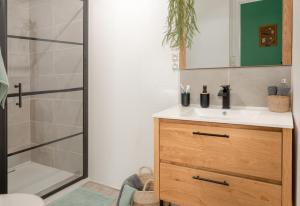 een badkamer met een wastafel en een douche bij Appartement - L'ESCALE DE MONTMOROT - CALME & SÉRÉNITÉ in Montmorot