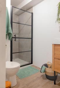 een badkamer met een toilet en een glazen douchedeur bij Appartement - L'ESCALE DE MONTMOROT - CALME & SÉRÉNITÉ in Montmorot