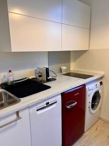 cocina con fregadero y lavadora en Apartment Blick ins Grüne en Bamberg