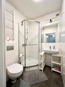 een badkamer met een douche, een toilet en een wastafel bij Wąska 5 Apartamenty in Wrocław