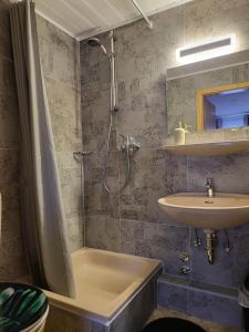a bathroom with a shower and a sink at Pension Restaurant Luna in Treis-Karden