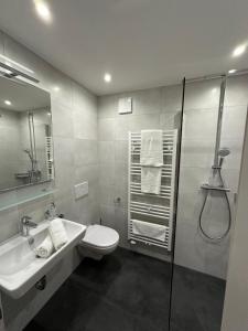 ein Bad mit einem WC, einem Waschbecken und einer Dusche in der Unterkunft Appartements Dobler - s'Zischgn in Arzl im Pitztal